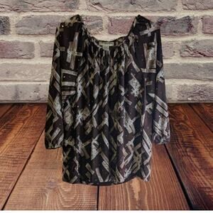 Kathy Daniels XL 3/4 sleeve brown and tan poly blend stretch woman's top. Office